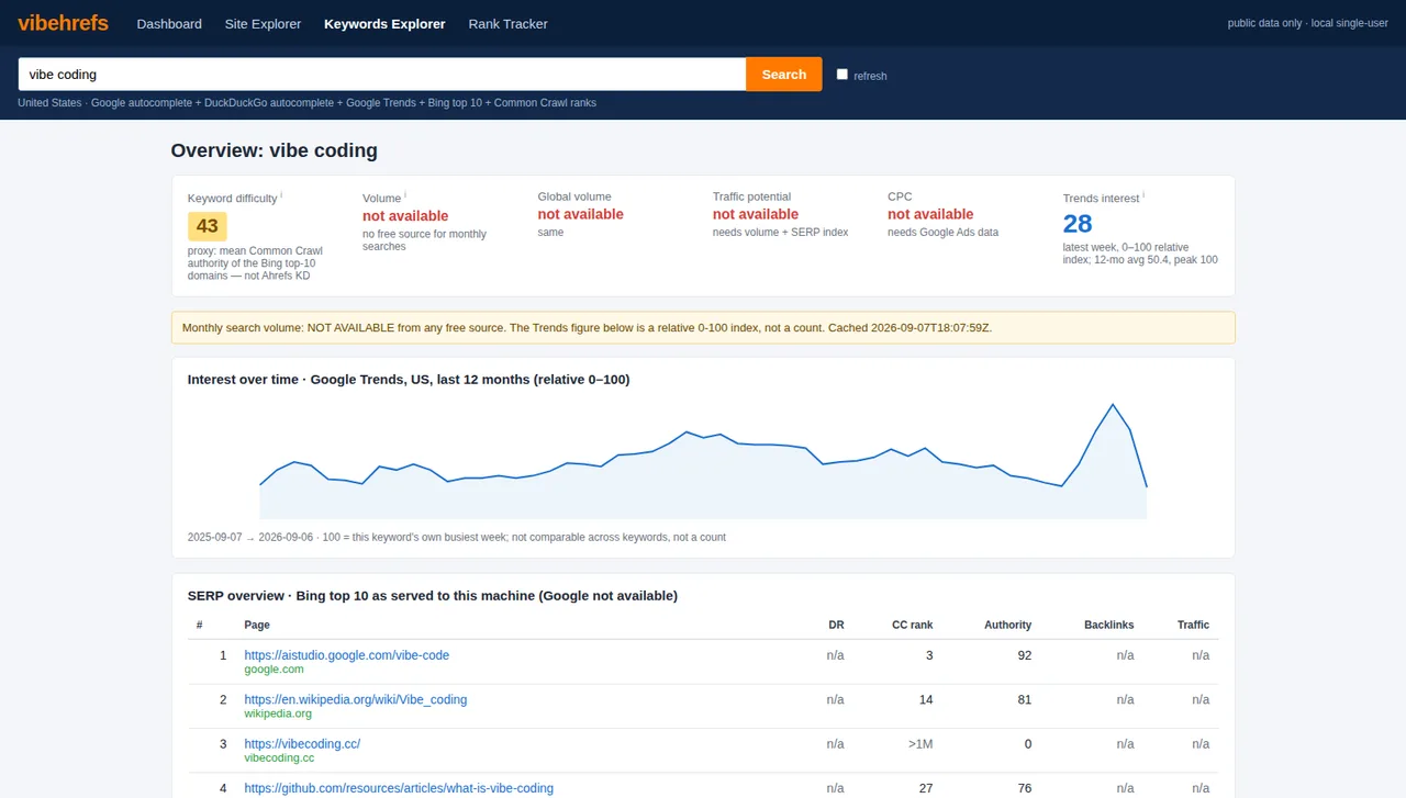 The clone's Keywords Explorer screen for the keyword vibe coding. Monthly search volume, global volume, traffic potential and CPC all read not available. A Google Trends line and Bing's top ten sit below.