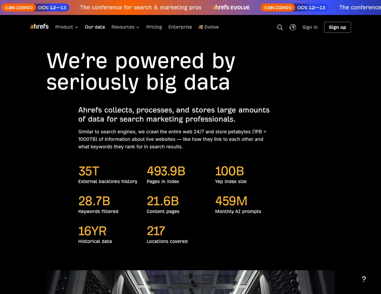 The numbers block on Ahrefs' big data page: 35 trillion external backlinks in history, 493.9 billion pages in the index, 28.7 billion keywords, 16 years of historical data.